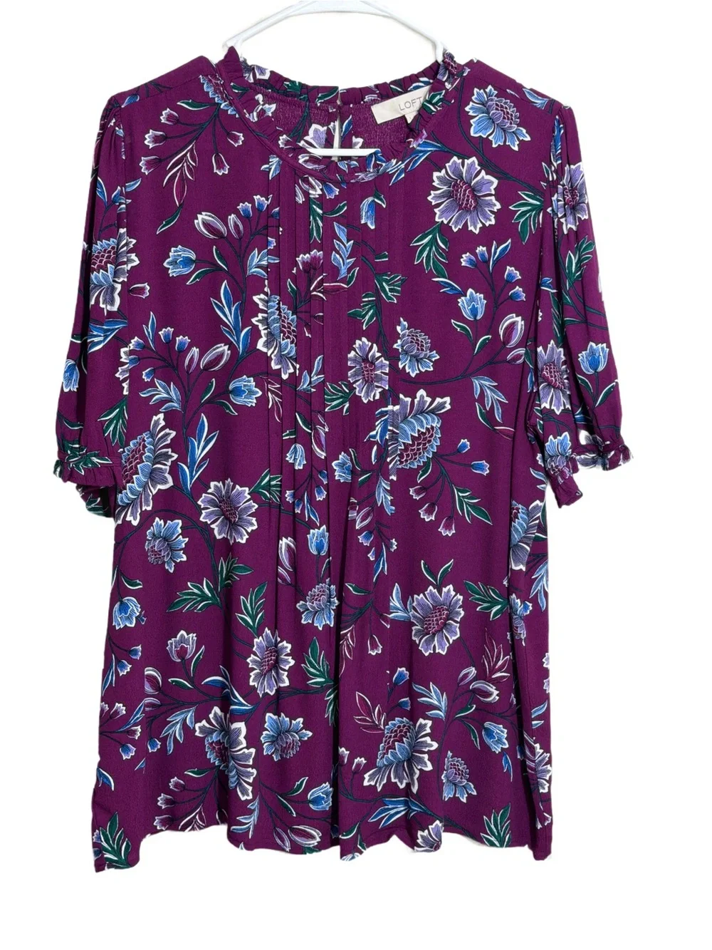 LOFT Garden Pintucked Floral Puff Sleeve Blouse